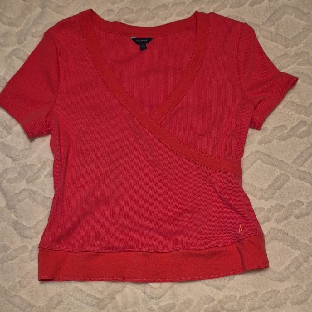 Nautica Red Short Sleeve Wrap Top